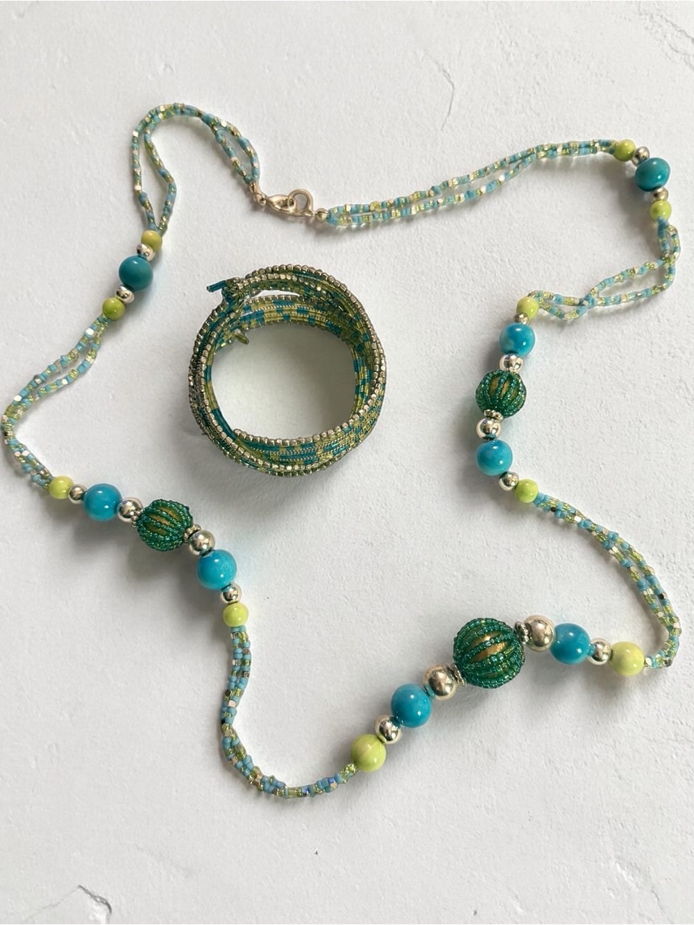 Green and Turquoise Beaded Necklace and Bracelet Set